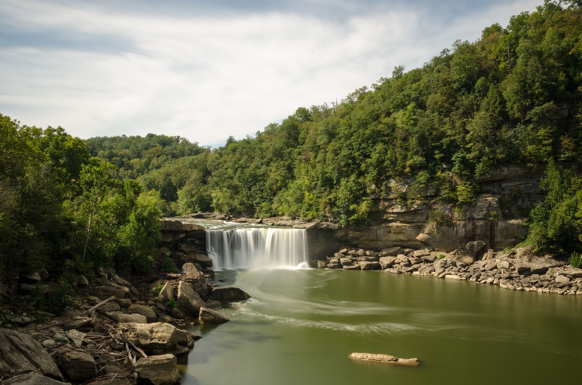 A waterfall and river in Kentucky's Natural Bridge State Park