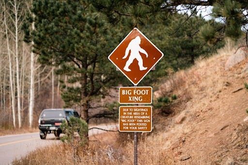 Bigfoot crossing sign on a forest road